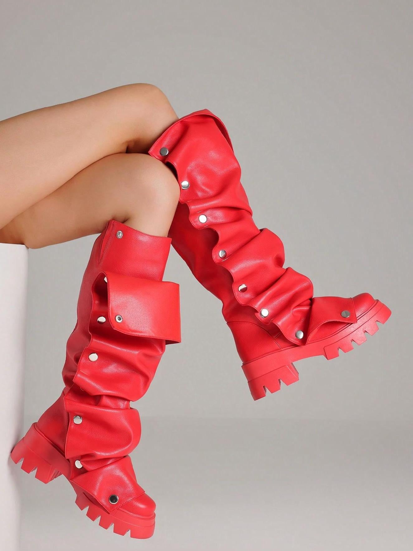 Women Mid Calf Platform Heels Ruch Design Knee High Fold Over Chunky ...