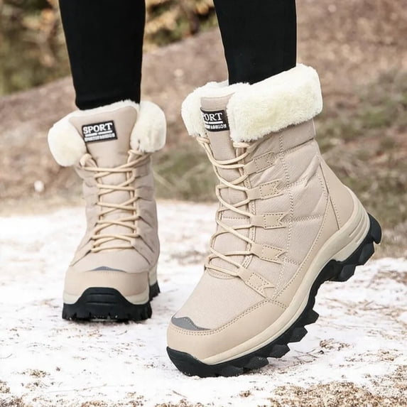 Women Mid Calf Snow Boots Faux Fur Lined Lace Up Non Slip Lug Sole Outdoor Warm Winter Fashion Booties Beige 7.5