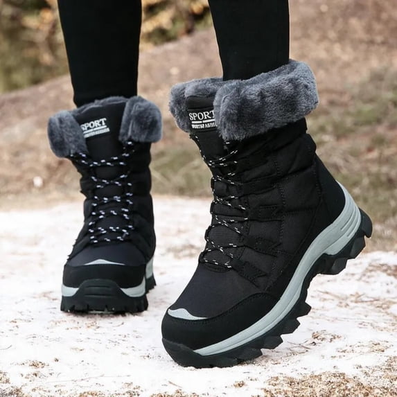 Women Mid Calf Snow Boots Faux Fur Lined Lace Up Non Slip Lug Sole Outdoor Warm Winter Fashion Booties Black 7.5