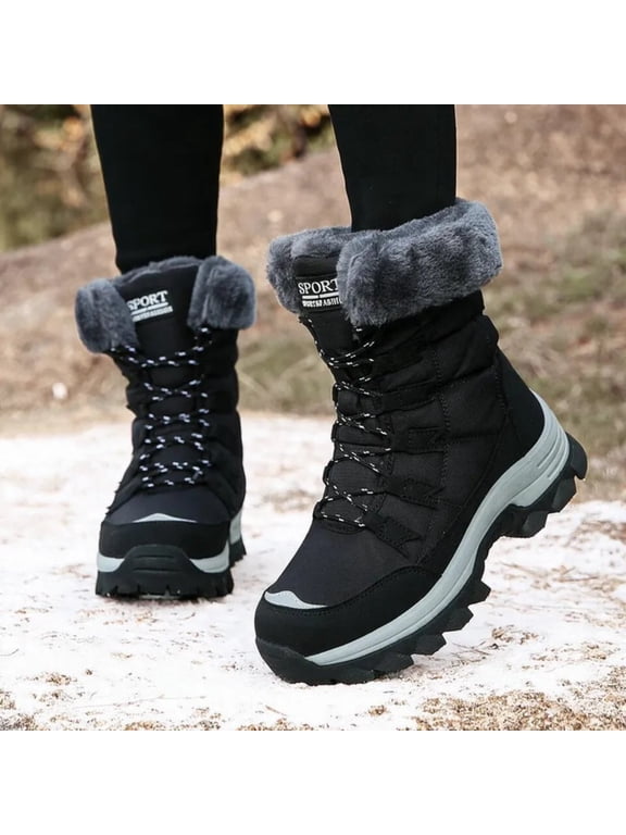 Women Mid Calf Snow Boots Faux Fur Lined Lace Up Non Slip Lug Sole Outdoor Warm Winter Fashion Booties Black 7.5