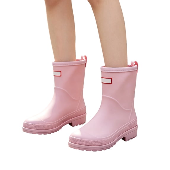 Women Mid Calf Waterproof Pull On Rain Boots, Smooth Rubber Material, Moderate Cushioned Footbed, Deep Lug Anti Slip Sole, Slip On Design for Rainy Days Outdoor Gardening Daily Errands,Pink 8