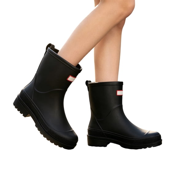 Women Mid Calf Waterproof Pull On Rain Boots, Smooth Rubber Material, Moderate Cushioned Footbed, Deep Lug Anti Slip Sole, Slip On Design for Rainy Days Outdoor Gardening Daily Errands,Black 6