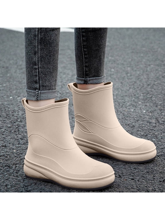 Women Mid Calf Waterproof Rain Boots, Matte Rubber Slip On Chunky Sole Mud Boots for Outdoor Rainy Days White 39