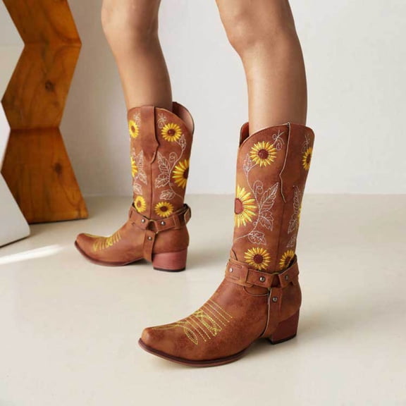 Women Mid Calf Western Sunflower Boots With Floral Embroidery Square Toe Pull For Country Idyll Concerts And More