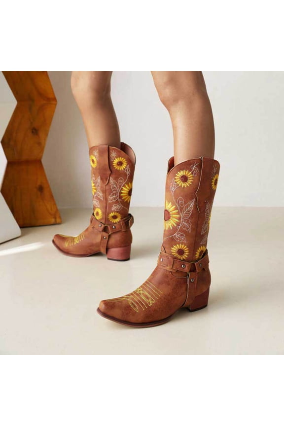 Women Mid Calf Western Sunflower Boots With Floral Embroidery Square Toe Pull For Country Idyll Concerts And More