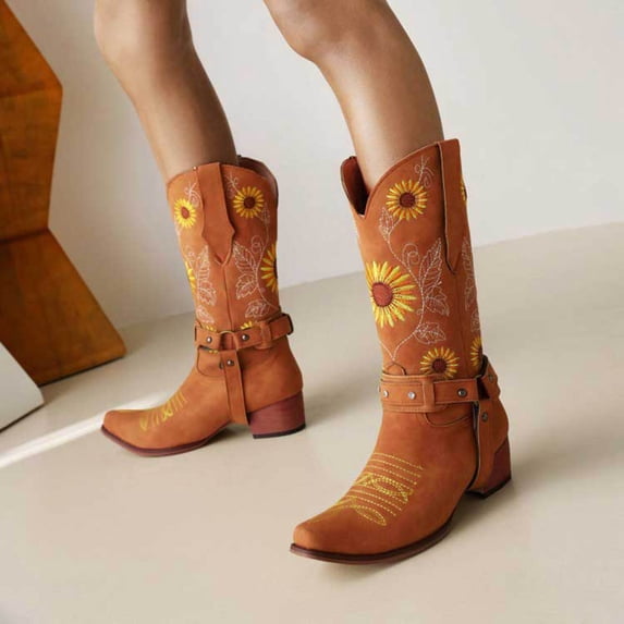 Women Mid Calf Western Sunflower Boots With Floral Embroidery Square Toe Pull For Country Idyll Concerts And More