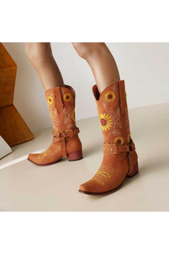 Women Mid Calf Western Sunflower Boots With Floral Embroidery Square Toe Pull Perfect For Country Idyll Concerts And More