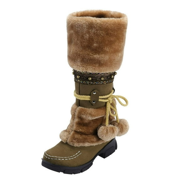 Women Mid Calf Winter Snow Boots Fashion Round Toe Chunky Low Heel Knee High Riding Boot Soft Slouchy Boot Lace up Fuzzy Dress Tall Boots