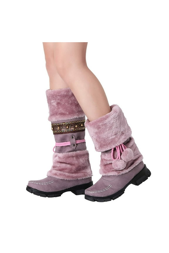 Women Mid Calf Winter Snow Boots Fashion Round Toe Chunky Low Heel Knee High Riding Boot Soft Slouchy Boot Lace up Fuzzy Dress Tall Boots