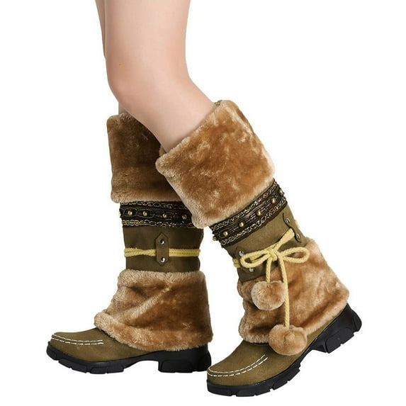 Women Mid Calf Winter Snow Boots Fashion Round Toe Chunky Low Heel Knee High Riding Boot Soft Slouchy Boot Lace up Fuzzy Dress Tall Boots