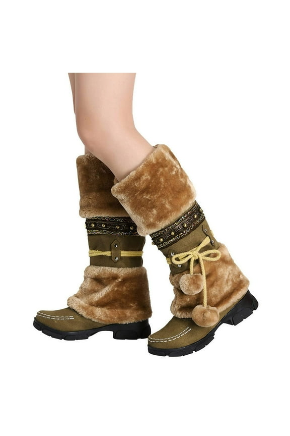 Women Mid Calf Winter Snow Boots Fashion Round Toe Chunky Low Heel Knee High Riding Boot Soft Slouchy Boot Lace up Fuzzy Dress Tall Boots