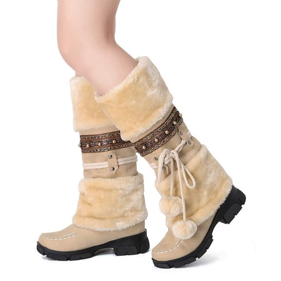 Women Mid Calf Winter Snow Boots Fashion Round Toe Chunky Low Heel Knee High Riding Boot Soft Slouchy Boot Lace up Fuzzy Dress Tall Boots