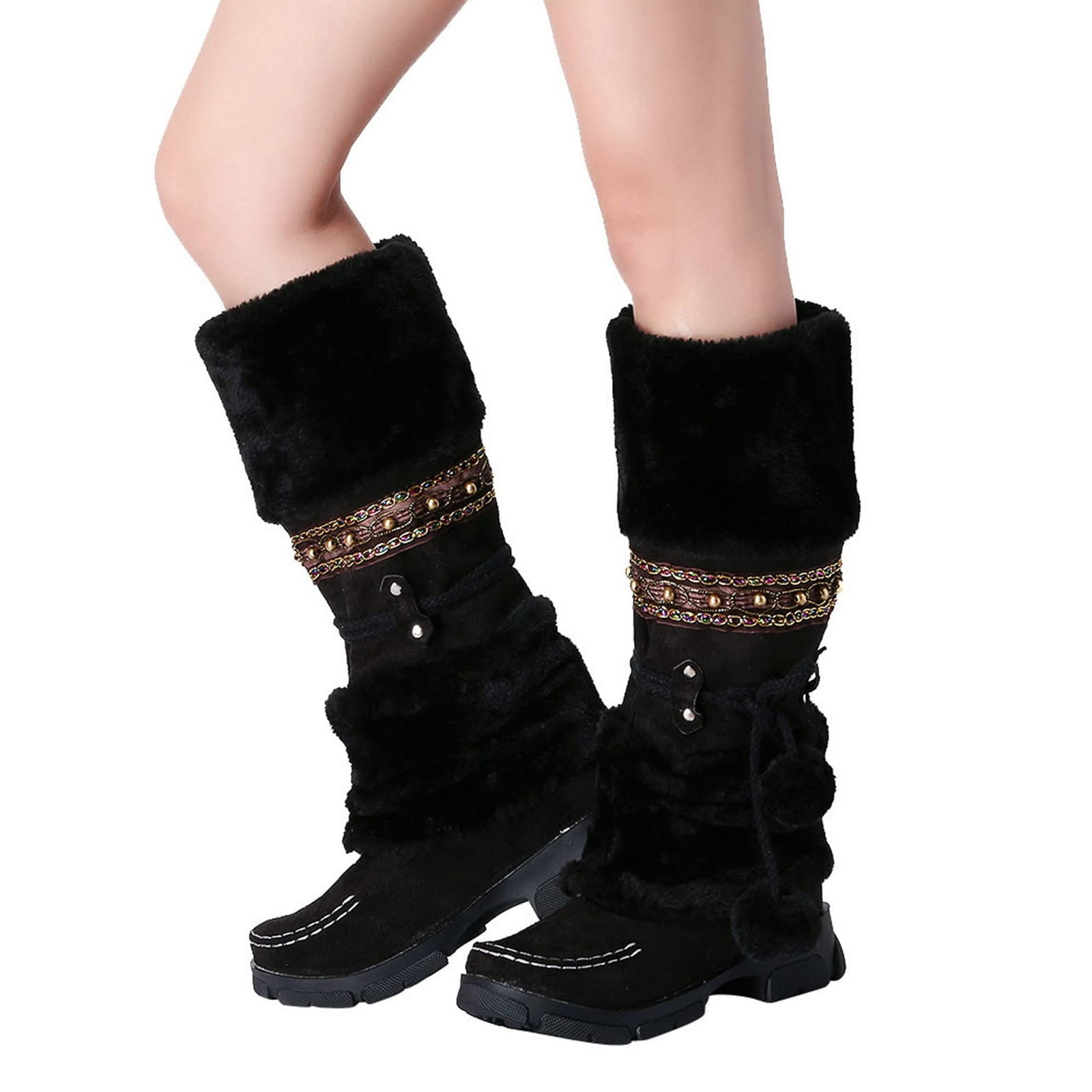 warm dress winter boots HXHAO Women Mid Calf Winter Snow Boots Fashion Round Toe Chunky Low Heel Knee High Riding Boot Soft Slouchy Boot Lace up Fuzzy Dress Tall Boots,
