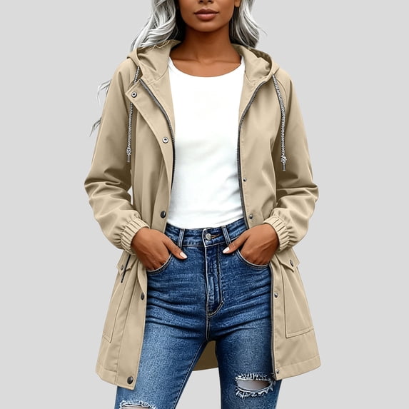 Women Mid Length Hooded Rain Coat Full Zip Snap Button Waterproof Drawstring Waisted Windproof Casual Outdoor Jacket for Hiking Travel Daily Khaki Fall Jacket Lady XL