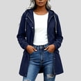 thumbnail image 1 of Women Mid Length Hooded Rain Coat Full Zip Snap Button Waterproof Drawstring Waisted Windproof Casual Outdoor Jacket for Hiking Travel Daily Navy Lightweight Hoodie Lady Zip up XL, 1 of 8