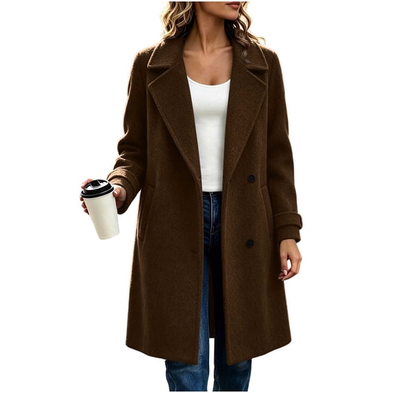 Women Mid Length Pea Coats Single Breasted Wool Blend Thick Long Sleeve Notched Collar Winter Overcoat Jackets (M, Coffee)
