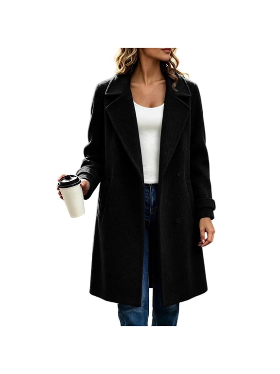 Women Mid Length Pea Coats Single Breasted Wool Blend Thick Long Sleeve Notched Collar Winter Overcoat Jackets (XL, Black)