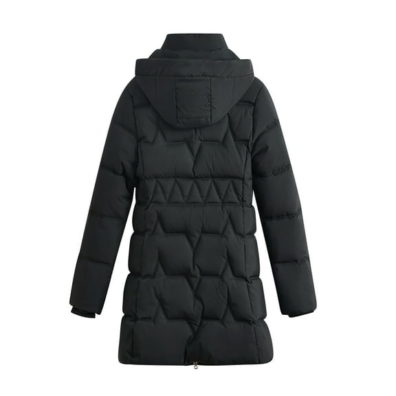 Women Mid-Length Puffer Jacket Hooded Winter Padded Warm Coat Quilted Long Sleeve Full Zip Thicken Outerwear Coats (2XL, Black)
