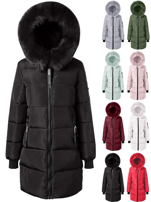 Women Mid-Length Winter Puffer Coats,Detachable Big Hood Collar Zip Up Quilted Parka,Windproof Warm Thick Cold Weather Jacket with Multi Pockets and Rib Cuffs