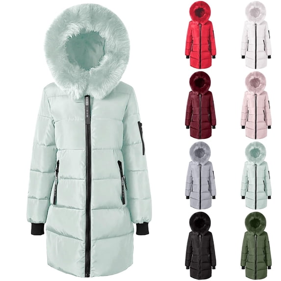 Women Mid-Length Winter Puffer Coats,Detachable Big Hood Collar Zip Up Quilted Parka,Windproof Warm Thick Cold Weather Jacket with Multi Pockets and Rib Cuffs