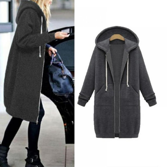 Women Mid Long Hoodies Coat Autumn Casual Sweatshirt Long Sleeve Zip Drawstring Jacket Outerwear with Pockets