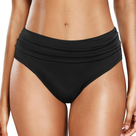 Women Mid Rise Bikini Bottoms Full Coverage Swimsuit Ruched Female Swim Bottom Black L