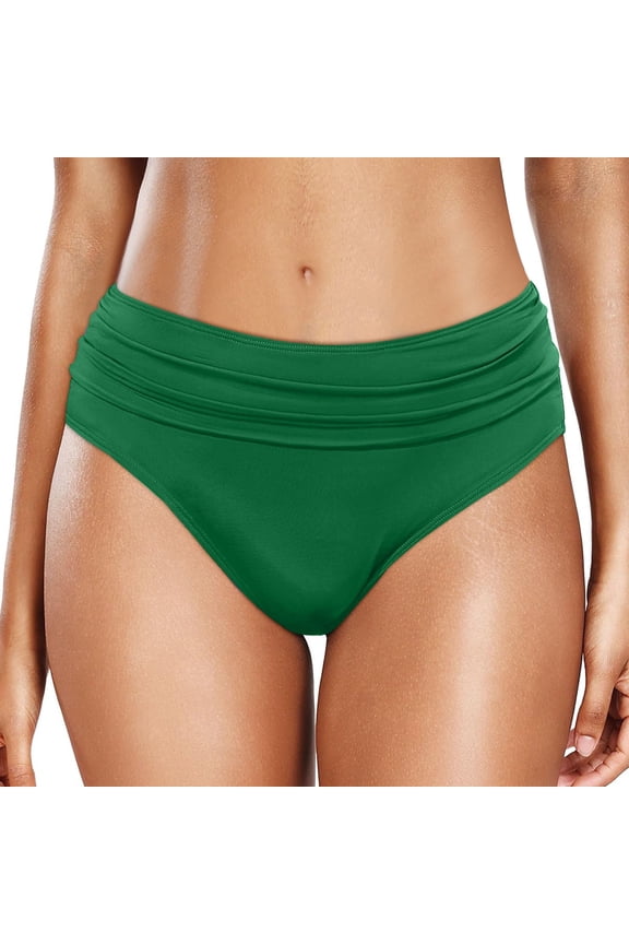 Women Mid Rise Bikini Bottoms Full Coverage Swimsuit Ruched Female Swim Bottom Dark Green M