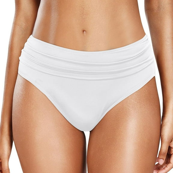 Women Mid Rise Bikini Bottoms Full Coverage Swimsuit Ruched Female Swim Bottom White L