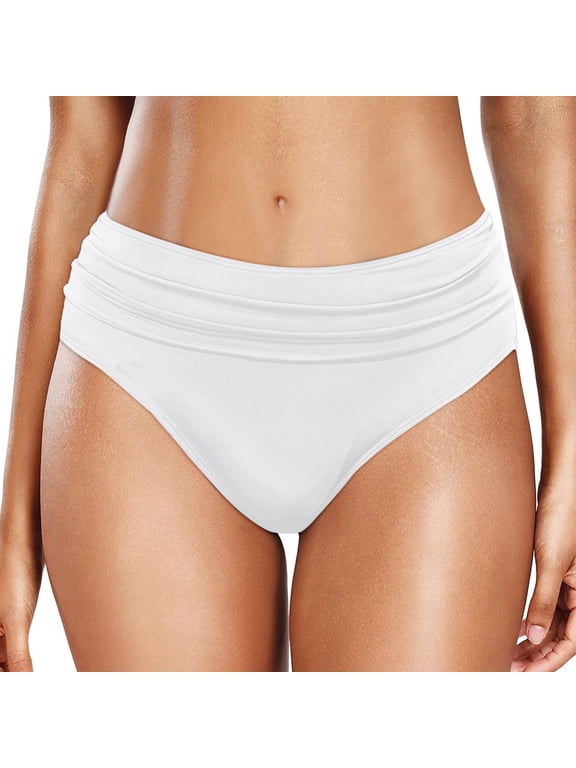 Women Mid Rise Bikini Bottoms Full Coverage Swimsuit Ruched Female Swim Bottom White M