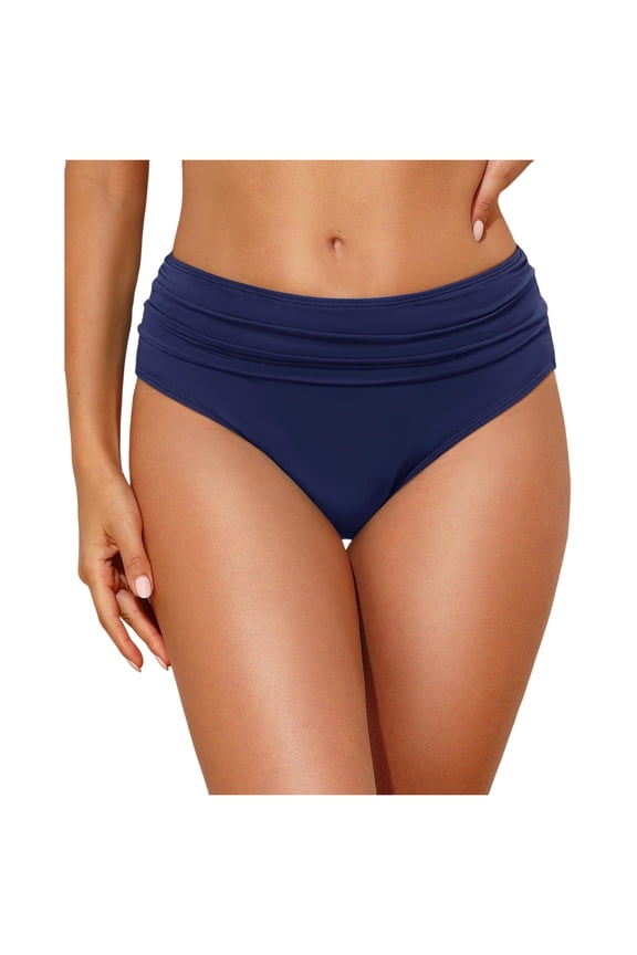 Women Mid Rise Bikini Bottoms Full Coverage Swimsuit Ruched Scrunch Swim Bottom Navy L