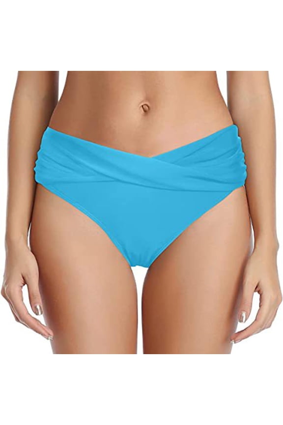 Women Mid Rise Bikini Bottoms Full Coverage Tummy Control Swimsuit Ruched Scrunch Solid Stretchy Swim Bottom