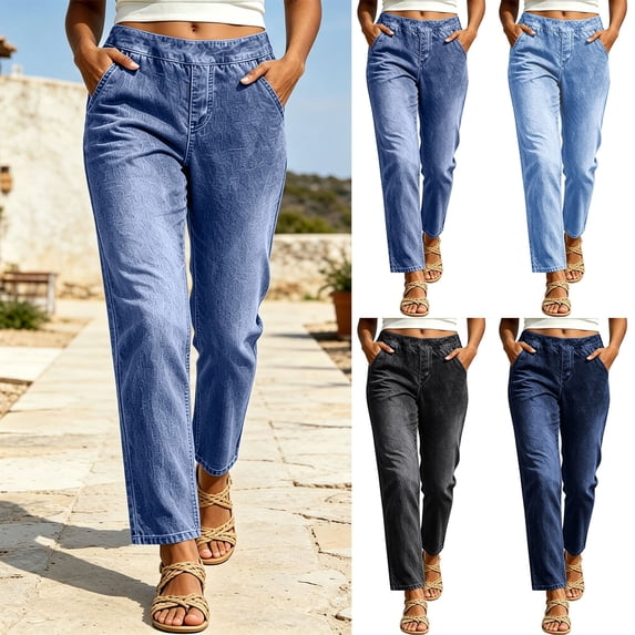 Women Mid Rise Elastic Waist Straight Leg Jeans, Casual Ankle Length Denim Nine-Point Pants with Functional Pockets Blue XL(XL)