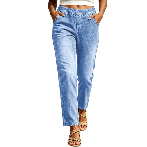 Women Mid Rise Elastic Waist Straight Leg Jeans, Casual Ankle Length Denim Nine-Point Pants with Functional Pockets Light Blue XXXL(XXXL)