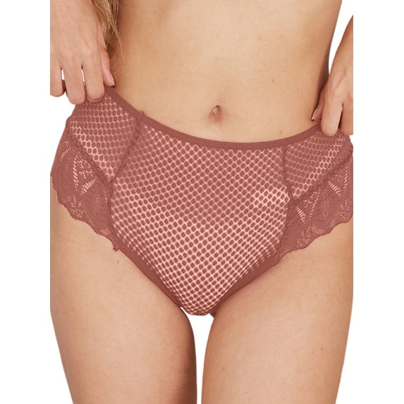 Women Mid-Rise Fishnet Lace Spliced Medium Stretch Hipster Panty Briefs Red Bean Paste S