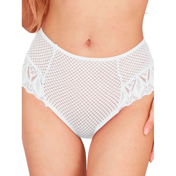 Women Mid-Rise Fishnet Lace Spliced Medium Stretch Hipster Panty Briefs White M