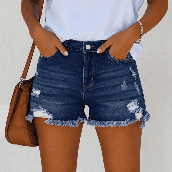SOMER Womens Jean Shorts Denim Shorts with Pockets Mid Rise Ripped Frayed Hem Casual Trendy Blue Summer