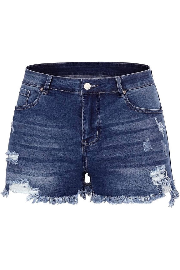 Women Mid Rise Ripped Stretchy Jeans Shorts Frayed Raw Hem Casual Denim Shorts