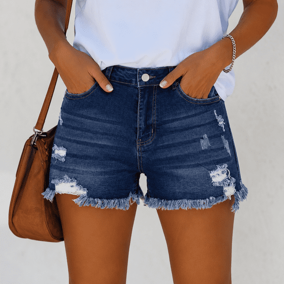 Women Mid Rise Ripped Stretchy Jeans Shorts Frayed Raw Hem Casual Denim Shorts