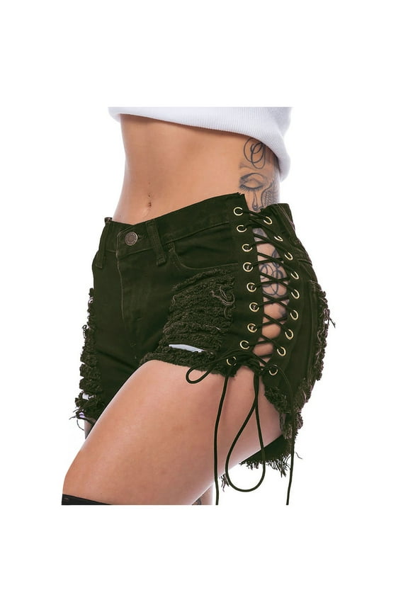 Women's Low Rise Pants Denim Shorts Ripped Hole Bandage Mini Hot Pants Lace Up Booty Shorts Rave Clubwear