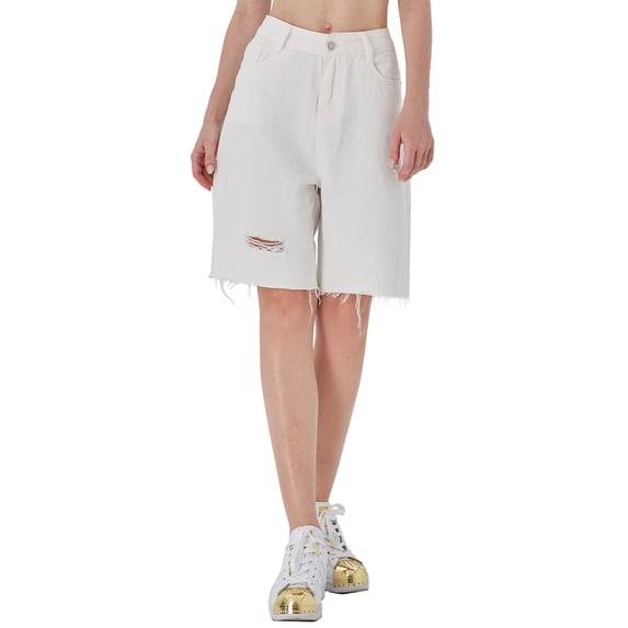 Women Mid Rise Stretchy Denim Shorts Knee Length Curvy Bermuda Stretch Short Jeans, Off white, Medium