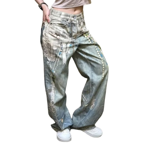 Women Mid Rise Wide Leg Jeans Baggy Floral Pants Denim Print Boho Palazzo Jeans Boyfriend NZ-N7041 Blue S