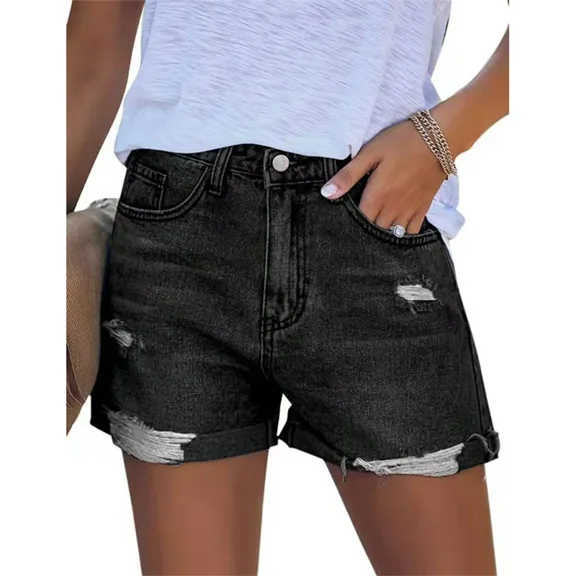 New Women Mid Waist Broken Holes Three Quarter Pants Commuter Casual Mini Straight Jeans