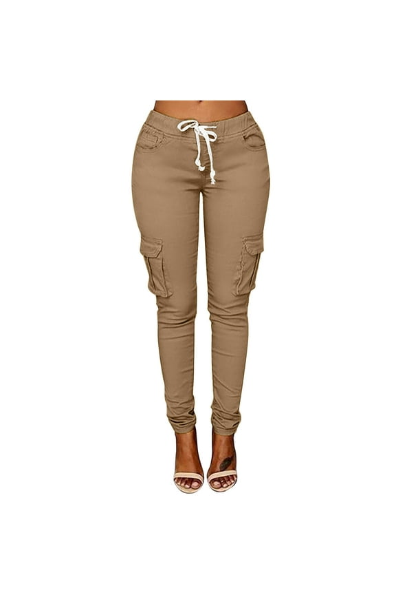 Women Mid Waist Cargo Jogger Pants Casual Cargo Elastic Waistband Sweatpant Stretchy Skinny Tapered Slim Fit Leggings