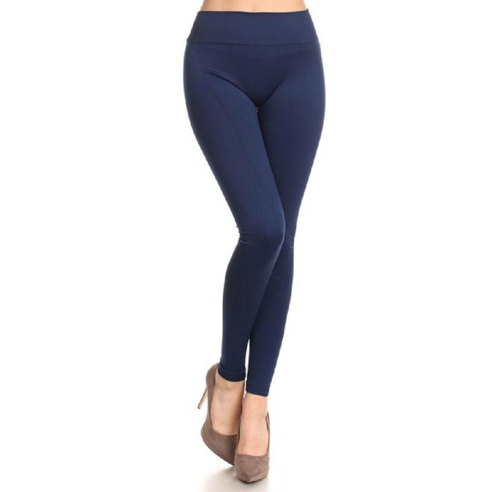 Women Mid Waist Workout Leggings Running Yoga Thick Pants - (Navy Blue) 