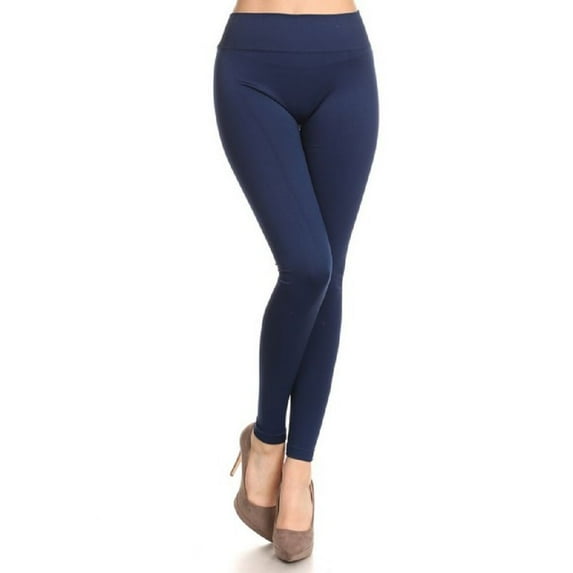 Women Mid Waist Workout Leggings Running Yoga Thick Pants - (Navy Blue) - Plus Size