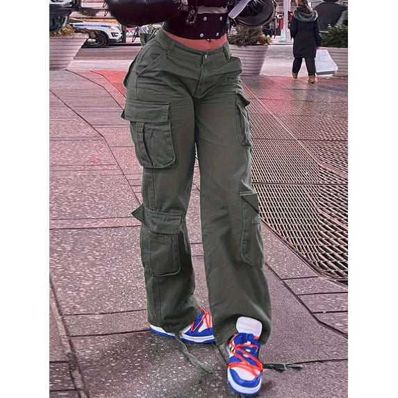 Women Mid Waisted Cargo Jeans Flap Pocket Straight Wide Leg Casual Baggy Boyfriend Denim Streetwear Pants