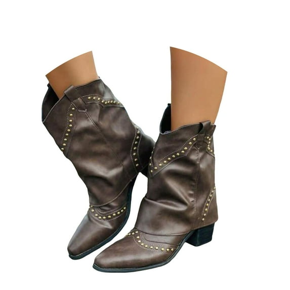 Women Mid-calf Cowboy Boots Pointy Toe Chunky Heels Fold Over Boot Embroidered Western Cowgirl Boots