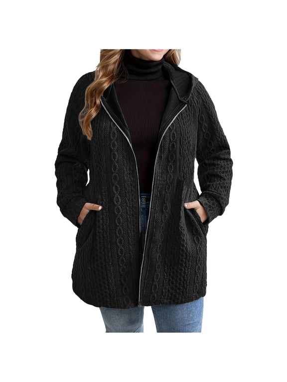 Women Mid-long Sweater Jacket with Pockets Crochet Knit Long Sleeve Zipper Casual Plus Size Cardigan Outerwear (3XL, Black)