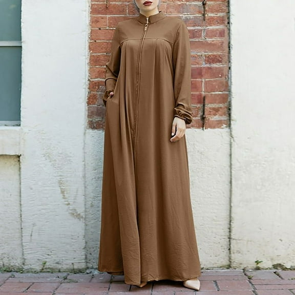 Women Middle Arabic Style Stand Up Collar Zipper Cardigan With Pockets Temperament Loose Robe And Elegant Prayer Robe Dress Sackcloth Robe Garments for Women for Adults Nigerian Dress Matching for