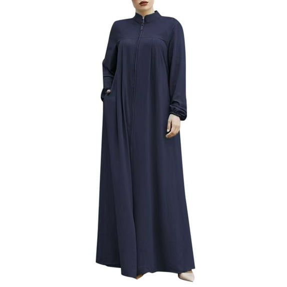 Women Middle Arabic Style Stand Up Collar Zipper Cardigan With Pockets Temperament Loose Robe And Elegant Prayer Robe Dress